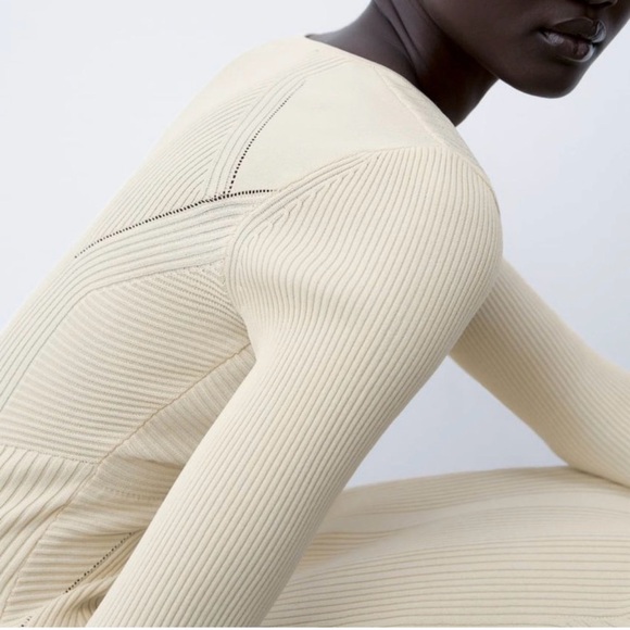 Rare Zara Ecru Ribbed Knit Midi Dress Sculpting Long Sleeve Bodycon Cream Beige - Picture 3 of 14